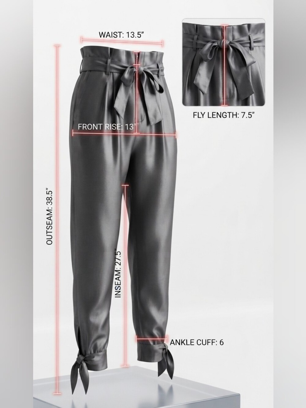 William B - High-Waist Satin Paperbag Pants with Tie Belt - Charcoal Gray